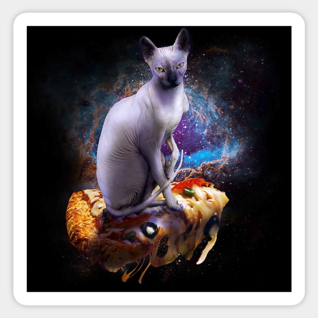 Galaxy Space Sphynx Hairless Cat On Pizza Sticker by Random Galaxy